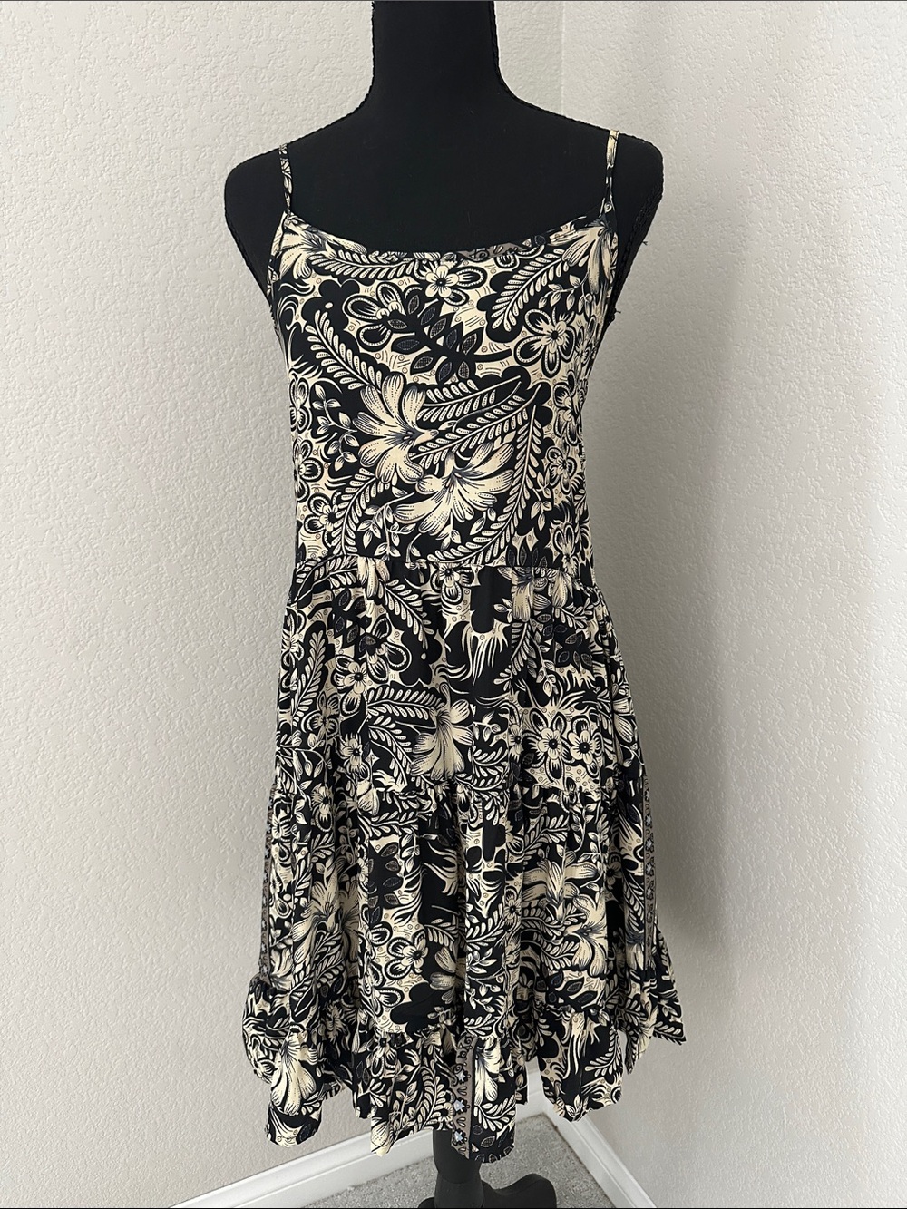 A Black Floral Spaghetti-Strap Mini Dress